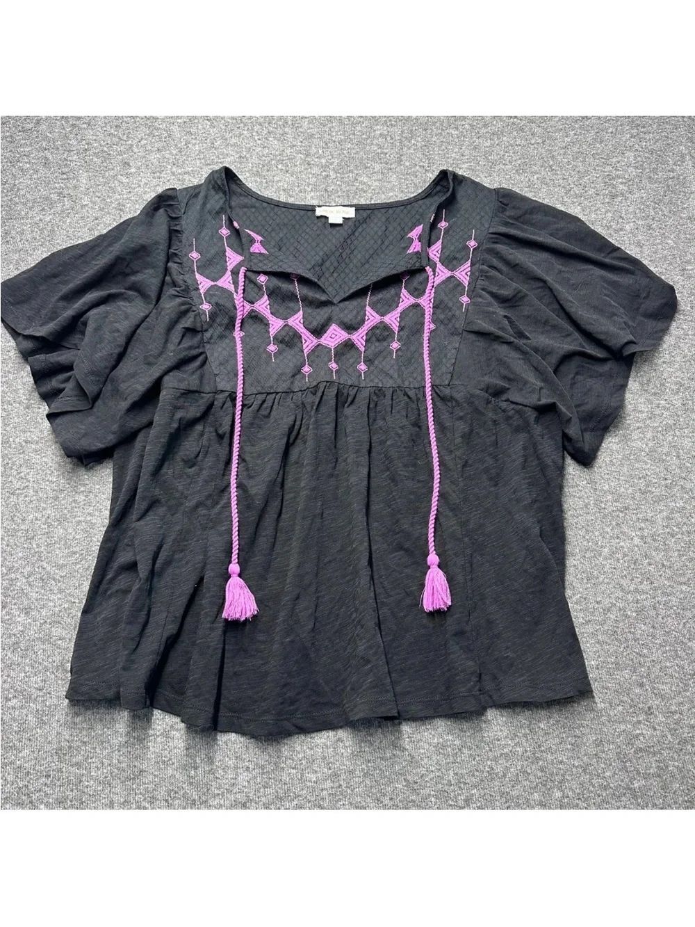 Knox ROSE Black Peasant Top with Purple Embroidery